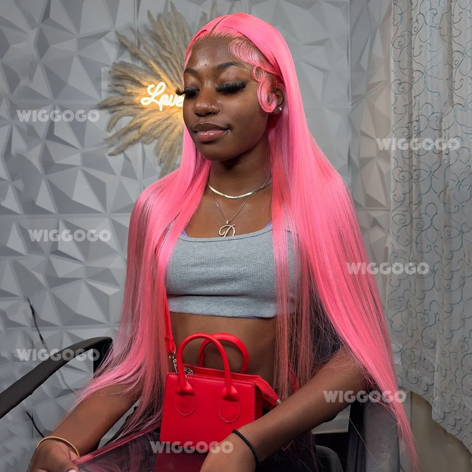 Straight Pink Human Hair Wig 13X6 13X4 Hd Transparent Lace Frontal Wig 30 36 Inch Brazilian Lace Front Colored Pre Plucked Wigs