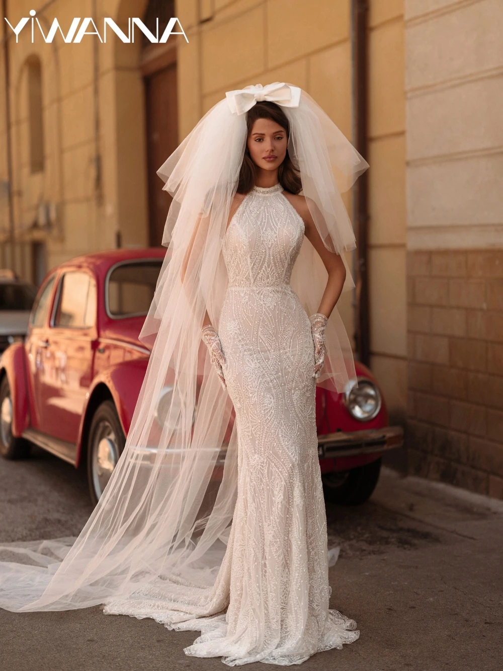 

Sparkling Beaded Lace Straight Long Wedding Dress Modern Halter Backless Bridal Gown Customized Sleeveless Dresses For Bride