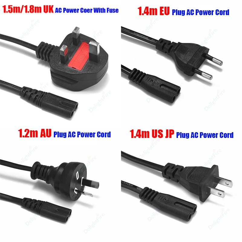 EU UK US AU Plug AC Power Cable IEC C7 2Prong Figure 8 European Power Supple Cord For Samsung Notebook TV Printer Xbox One X PS4