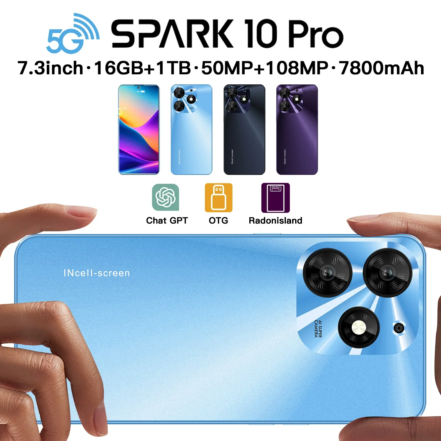 Global Version Spark 10 Pro Android Smart Original Phone 7.3 Inch HD Screen 7800mAh 108MP Camera 10 Core Dual SIM Unlock Phone