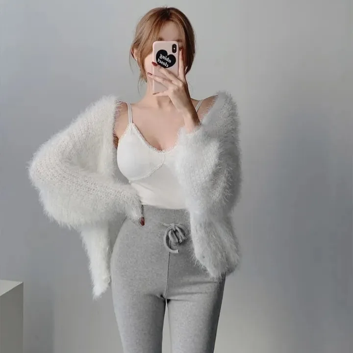 Laid-back Style Loose Furry Knitted Cardigan Women's Regular Fit Long Sleeve Polyester Fiber Spring Autumn Online Exclusive