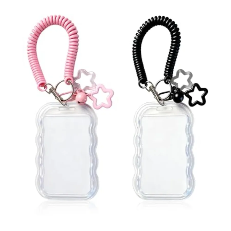 2 Pack Cute Photocard Holder Keychain Kpop Photo Card Holder, Transparent PC Holder with Star Wave Design for Bus Student Card,
