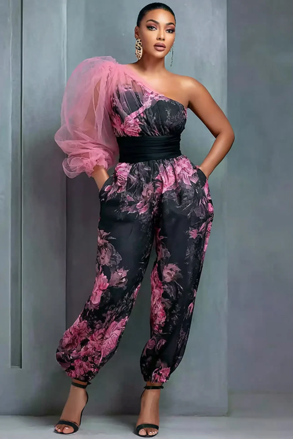 

Plus Size Wedding Guest Gold All Over Print Wrap Neck 3/4 Sleeve Bodycon Elegant Midi Dresses