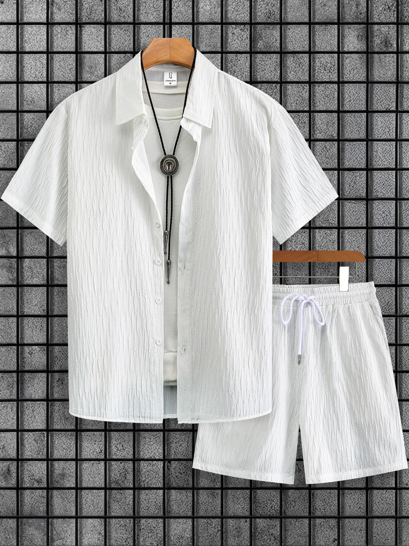 

Men's 2 Piece White Crinkle Textured Short Sleeve Set, Lapel Shirt & Drawstring Shorts Summer Casual Outfit
