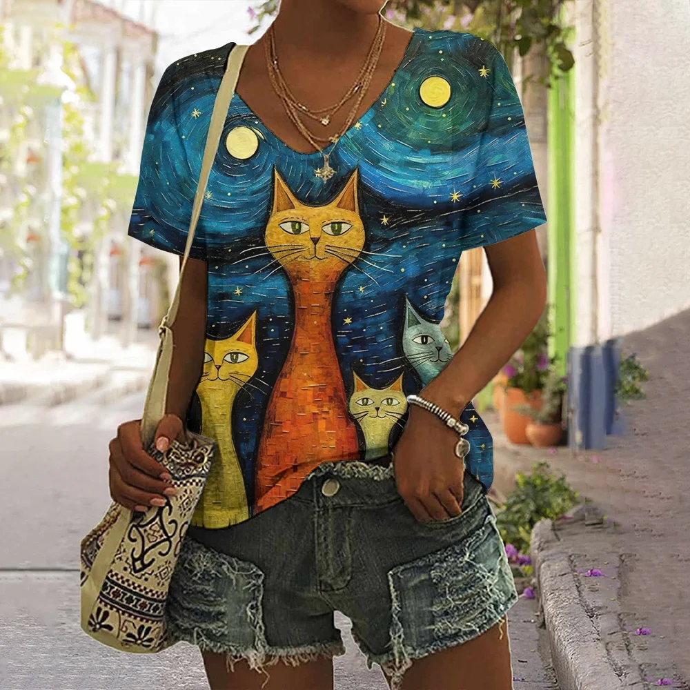 Anger Cat Print Women's T-Shirt Summer Casual Short Sleeve 3D Graphic T-Shirts Tops Streetwear V-Neck Pullover Female Clothing