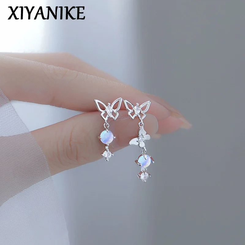 XIYANIKE Asymmetrical Butterfly Moonstone Tassel Earrings For Women Girl Elegant Fashion New Jewelry Gift Party серьги женские