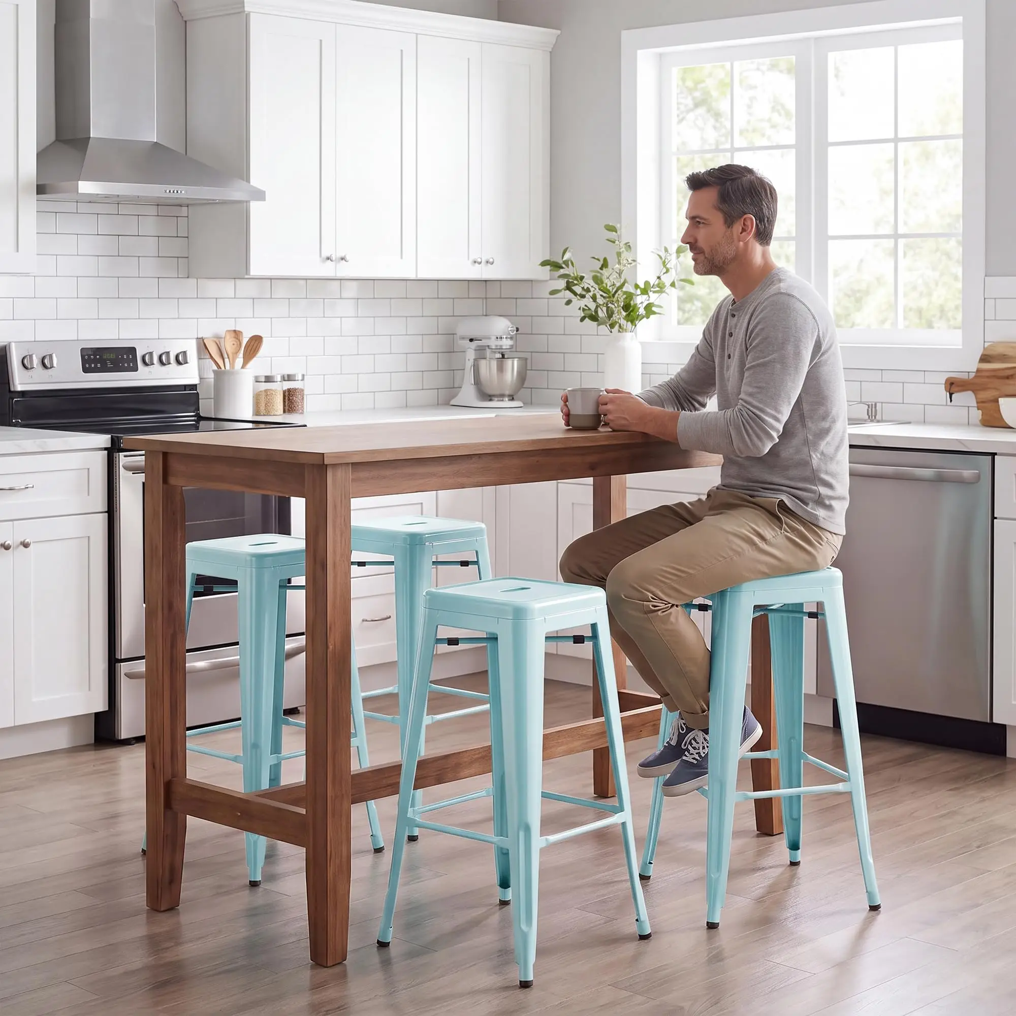 30'' Metal Bar Stools Set of 4, Stackable for Indoor Outdoor, Blue