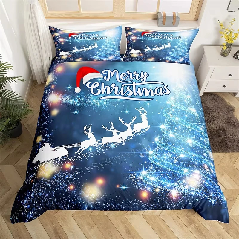 Christmas Tree Duvet Cover Set Christmas Theme Bedding Set Cartoon Deer Snowman Comforter Cover King Queen For Girls Teens Room