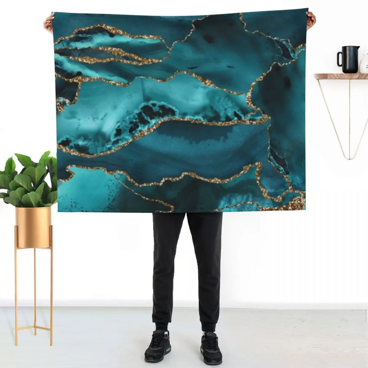 

Luxurious Turquoise Blue and Gold Shimmer Agate Throw Blanket Soft Breathable Blanket for Night Sleeping