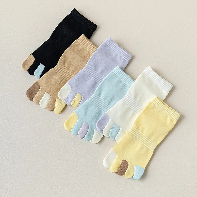 

3 Pair of New Five Finger Socks Summer Breathable Color Blocked Cute Short Socks Cotton Single Finger Round Neck Socks