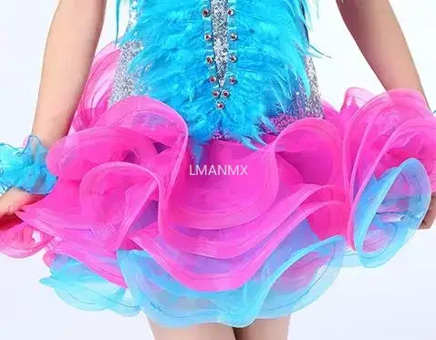 Children Professional Latin Dance Dress for Girls Ballroom Dance Competition Dresses sequin featherNew fringed Latin dance dress