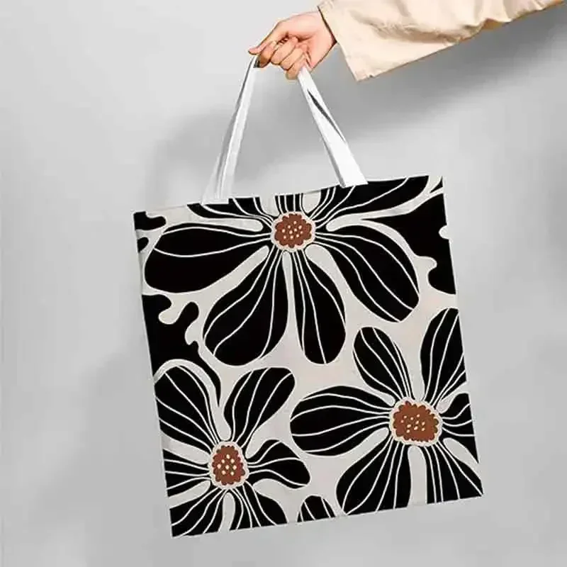 VL015 Bolso de mano de lona floral negro para mujer, bolso grande de hombro de lona con flores botánicas