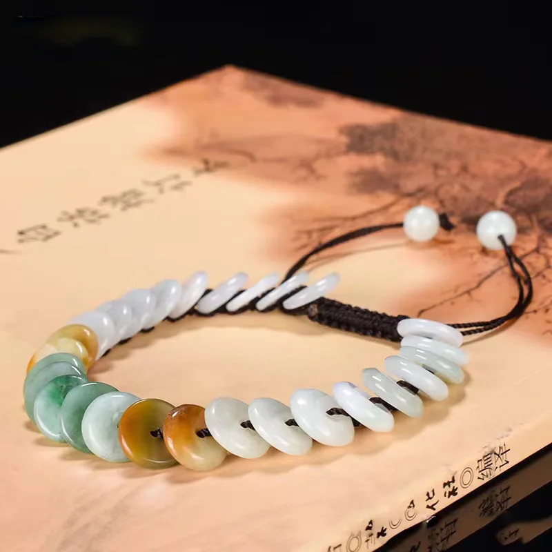 Natural Myanmar Grade A Jadeite Tricolor Jade Bracelet Adjustable Woven Rope Bracelets Burma Jade Bangle Women Fine Jewelry Gift