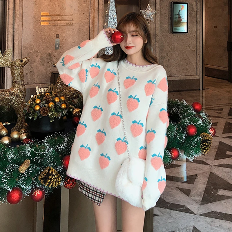 Maglione da donna coreano maglieria autunno inverno nuovo manica lunga O collo frutta donna Casual Pullover maglioni larghi spessi per donna