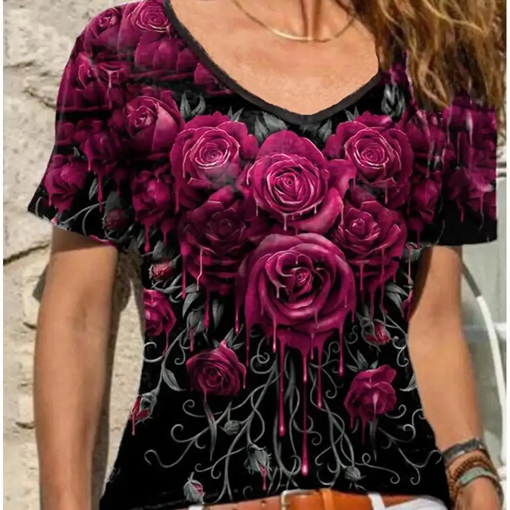 

Летние новые футболки с цветочным 3D принтом и розовым узором, женские футболки с v-образным вырезом и коротким рукавом Y2k, футболки в стиле Харадзюку, повседневные топы, женская одежда