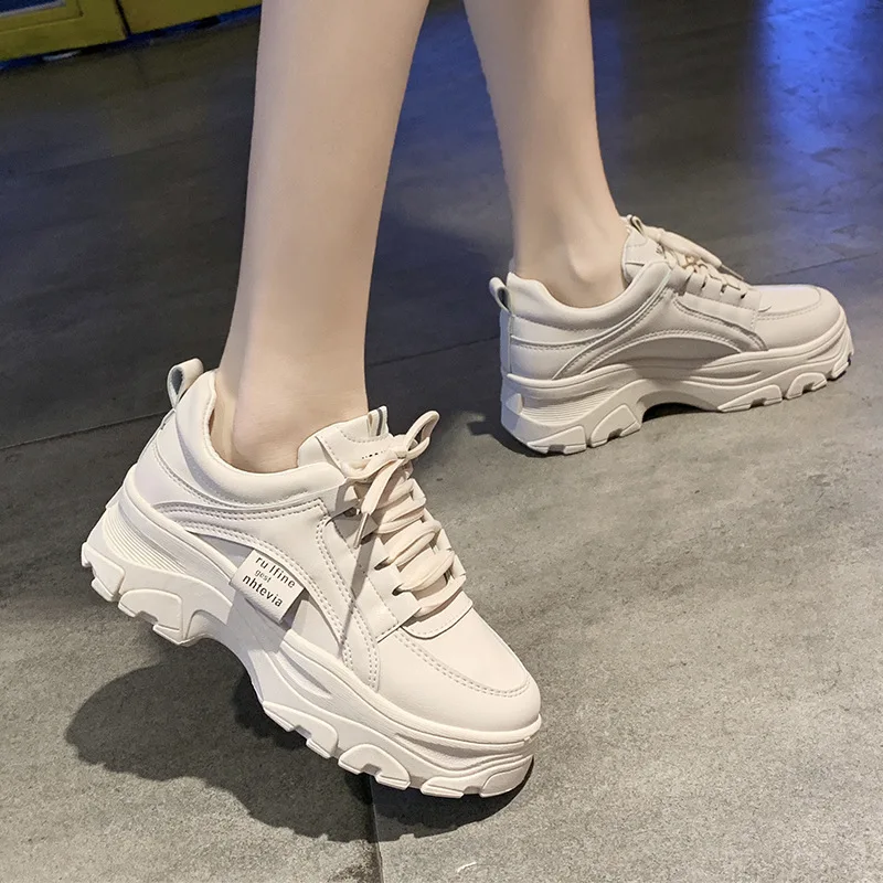 

Women White Sneakers Ladies Flat Sport Vulcanize Shoes Leather Thick-bottom Muffin-sole Heighten Student Simple Casual Ins Style