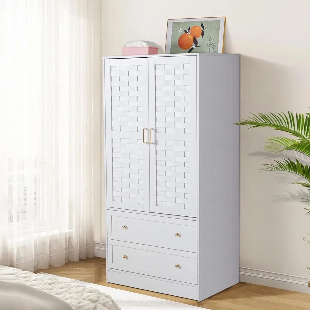 

Freestanding White Armoire with Two Woven Doors Drawers and Hanging Rail