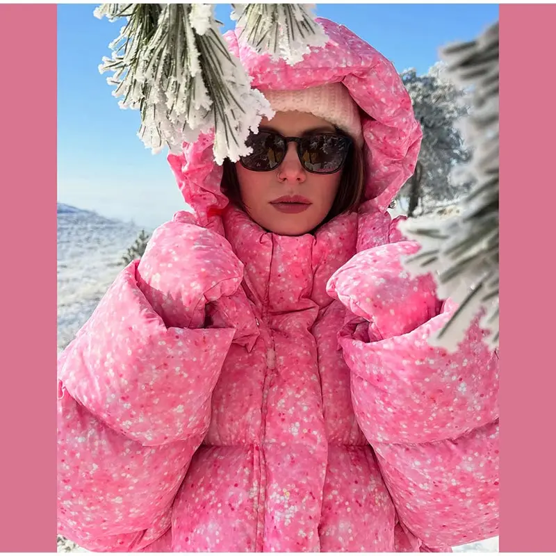 Polka Dot Padded Coat Color‑block Hooded Stand Collar Zipper Buttons Oversized Jacket 2026 Winter Women Warm Chic Casual Outfits