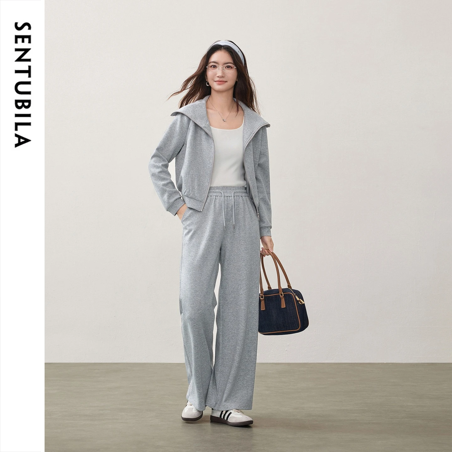 SENTUBILA Women's Autumn Two Piece Set Rhinestone Hoodie Jacket Big Lapel Pant Set 2026 New Fashion Casual Outfit  W63ZH8082