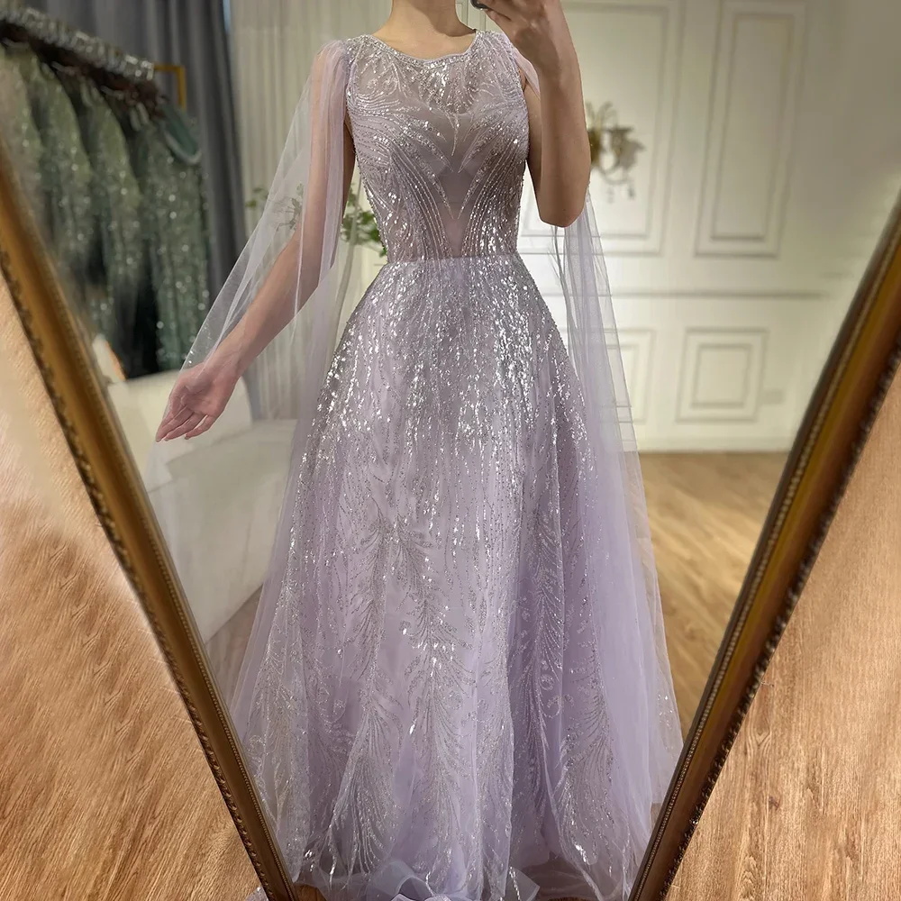 Serene Hill 2025 Arabic Lilac Elegant A-Line Beaded Long Evening Dresses Gowns Cape Sleeves Formal Occasion Customize BLA72744