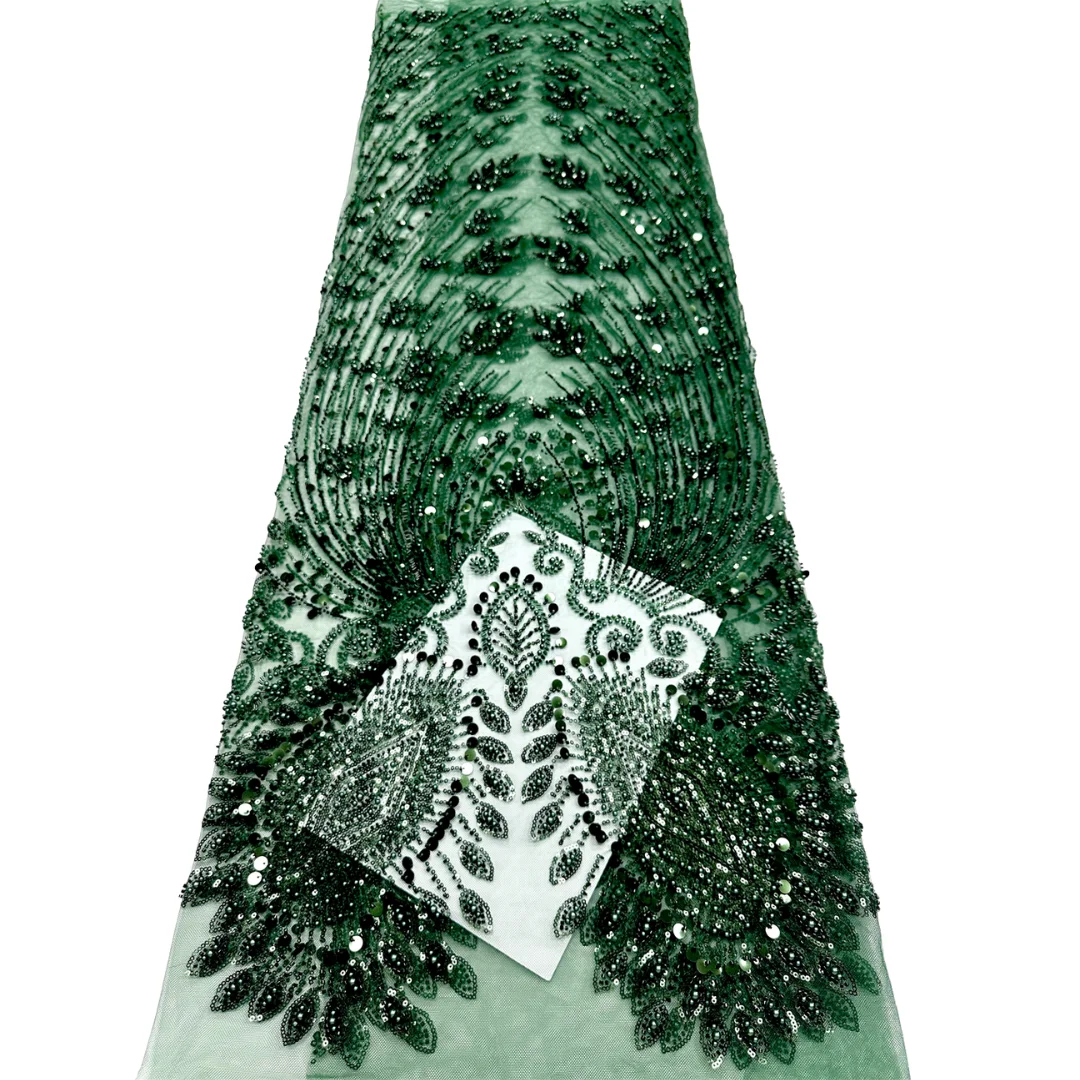 

Dark Green Lace Fabric French Tulle Lace Fabric High Quality European Plant Embroidery Sequins Beads For Sewing Dresses By Yard