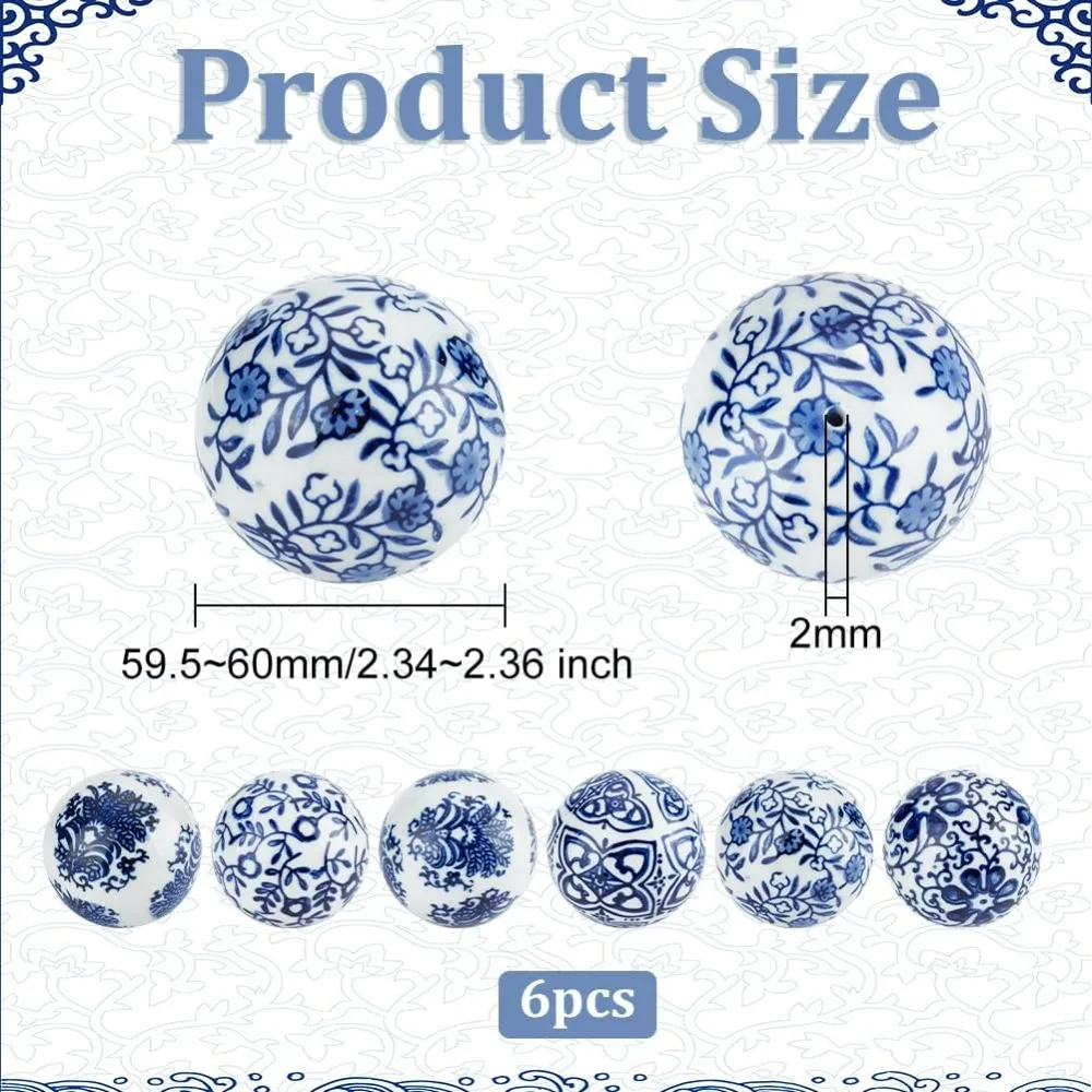 6Pcs Blue and White Porcelain Balls Handmade Porcelain Beads 2.4 Inch Decorative Porcelain Ball 2mm Hole Floating Ceramic Orbs