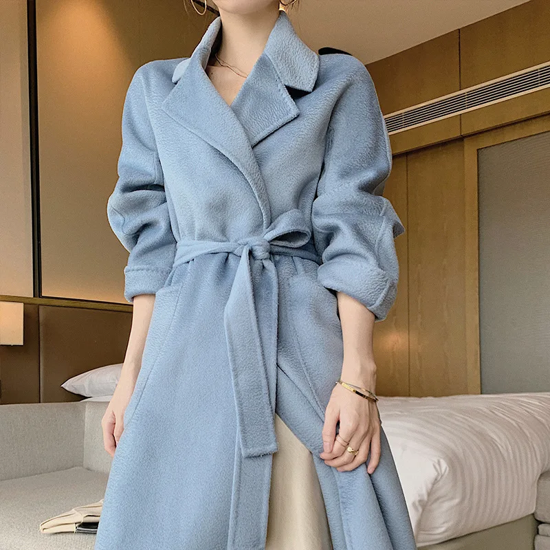 

2023 autumn and winter new water ripple double-sided woolen coat women's loose medium and long slim-fitting lace-up woolen coat