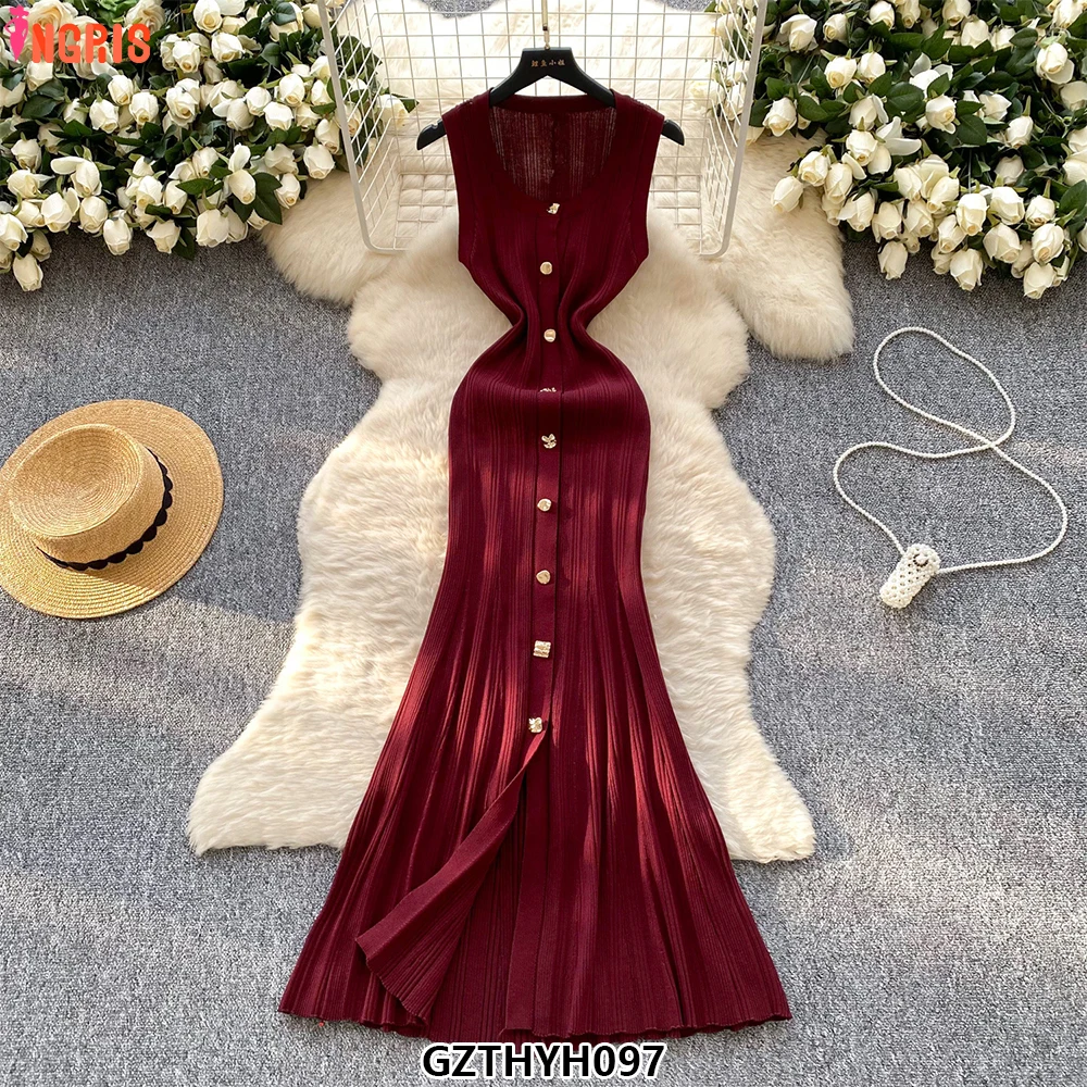 

New Elegant Ladies Sleeveless Knitted Dress Solid Causal Knit Midi Dress for Women-GZTHYH097