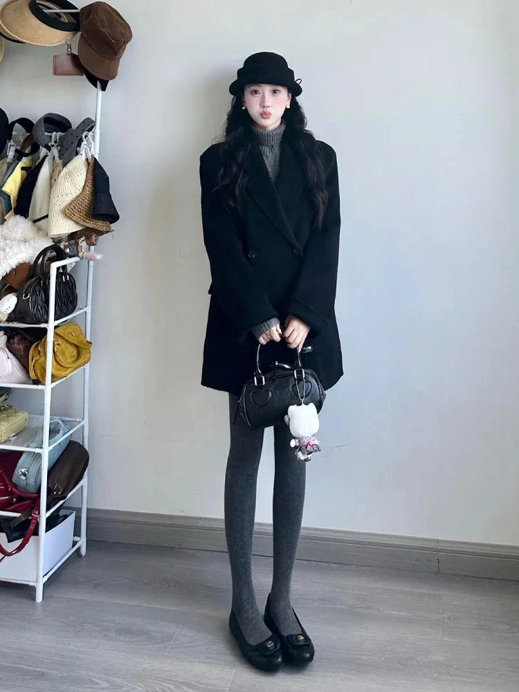 

Корейское шерстяное пальто Sle ort Bla, женское зимнее пальто для похудения, Thiened, полиэфирное волокно, откидной воротник, двойная пуговица