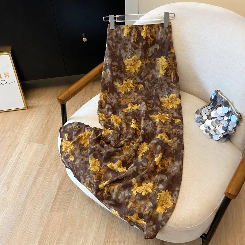 Vintage Yellow Chiffon Bodycon Mermaid Midi Skirt High-waist Floral Print Fishtail Skirt Women French Vintage Cottagecore Garden