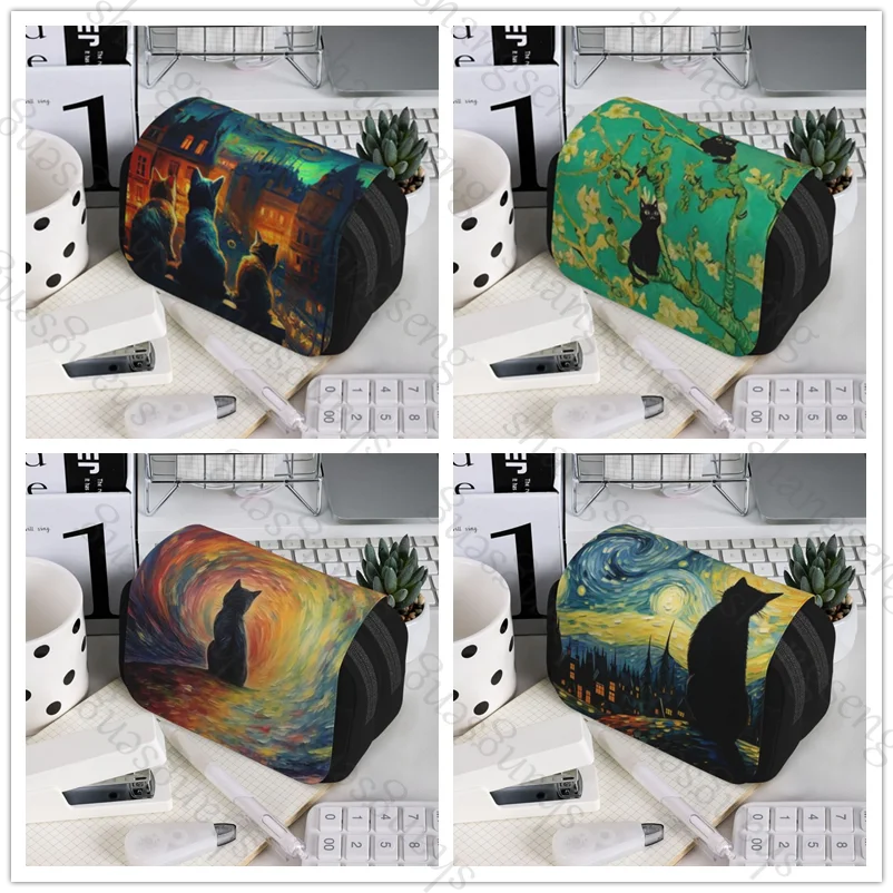 

Oil Painting Van Gogh Black Cat Pen case Pencil Box Double Flip School Supplies Children's Pencil Box Storage Cosmetic Bag