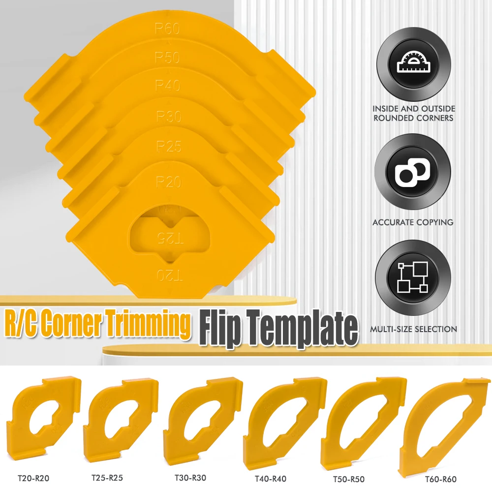 

Новинка 2025 года, набор из 6 угловых приспособлений для обрезки углов R5-R40 мм, направляющая для шаблонов фрезерного станка из АБС-пластика для точных круглых и прямых скошеных краев