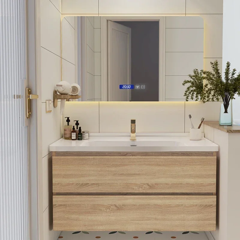 Modern Solid Wood Bathroom Cabinet Combination Ceramic Integrated Basin Mirror Minimalist Bathroom Sink Floor Standing Washbasin