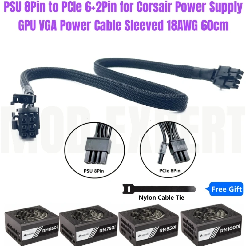 

Original CORSAIR GPU VGA Power Cable PCIe 8Pin 6+2Pin Sleeved for Corsair RM1000i RM850i RM750i RM650i Platinum Modular Power