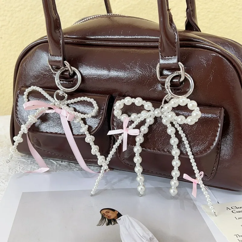 Y2k Pearl Bow Keychain Women Pearl Tassels Pink Ribbon Bow Sweet Cool Key Chains Fashion Metal Purse Key Ring Phone Accessories — zdjęcie 4