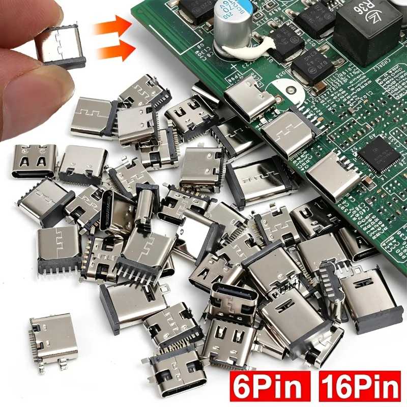 50PCS/Box Type C USB 3.1 6/16 Pin Connector Type-C Socket SMD DIP Female Jack for PCB High Current Charging Port Transfer Data