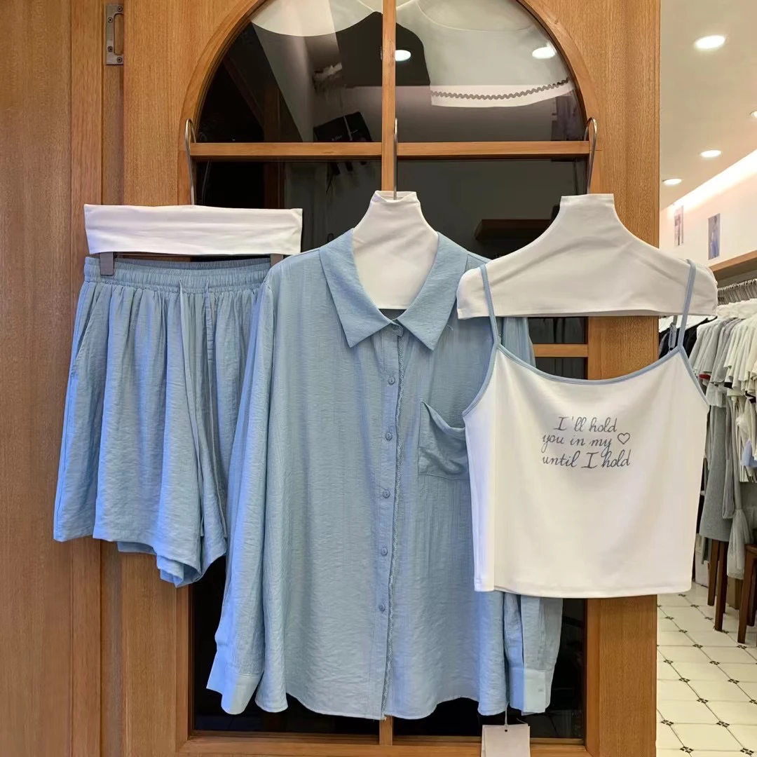 

Original Women's Faion Casual Loose Tee-Piece Set Cooling irt orts Strap Summer Outfit Korean Sle Commute Sle