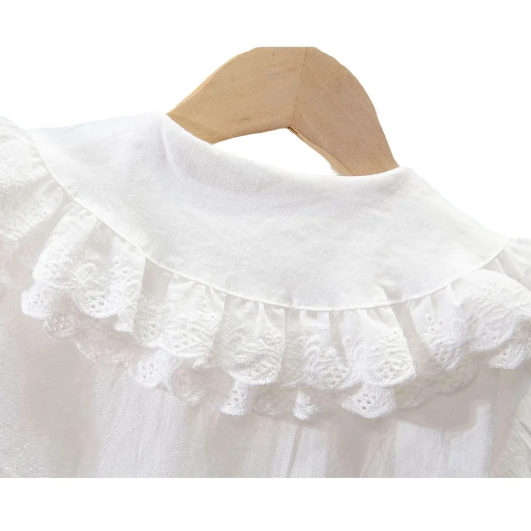 Girls spring and summer white doll collar shirt big kidsren\'s long-sleeved shirt fashionable lace top