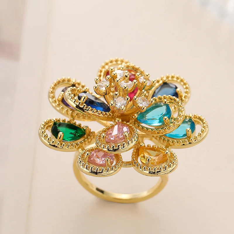 GANPUP Luxuriöser offener Fingerring mit farbigen Zirkonia-Blumen für Damen, für den täglichen Gebrauch, funkelnder, verstellbarer Ring, Schmuck, Hochzeitsgeschenk – Detail 4