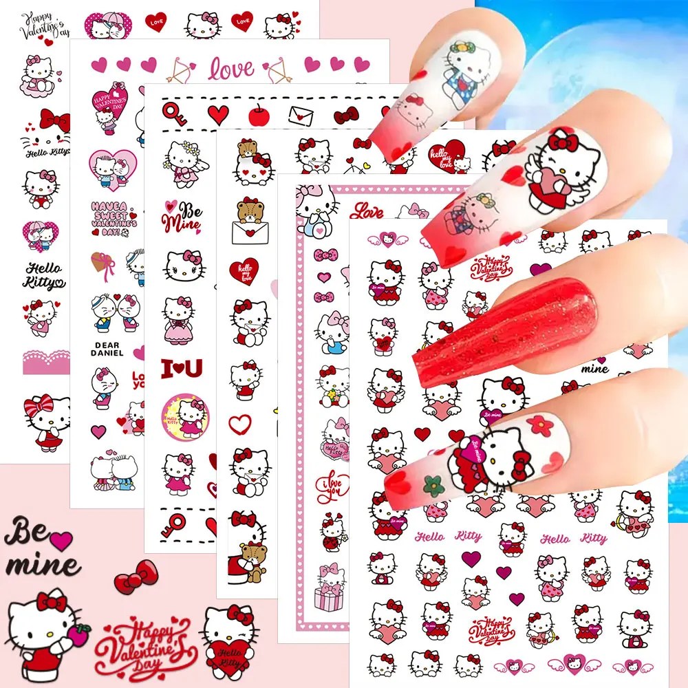 1Pc Sanrio Hello Kitty Adesivi per unghie Simpatico cartone animato Fiocco rosa Kitty Cat Design Slider Decalcomanie Adesivo Anime fai da te Accessori per nail art