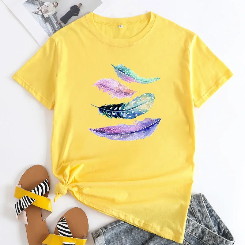 JFUNCY Women Summer T-shirt Woman Short Sleeve Tops Colorful Feathers Print Tshirt  Casual Loose Female Cotton Tees