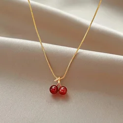 Charm Red Cherry Crystal Stainless Steel Necklace for Women Sweet Cute Style Temperament Collar Chain Jewelry Gift Wholesale