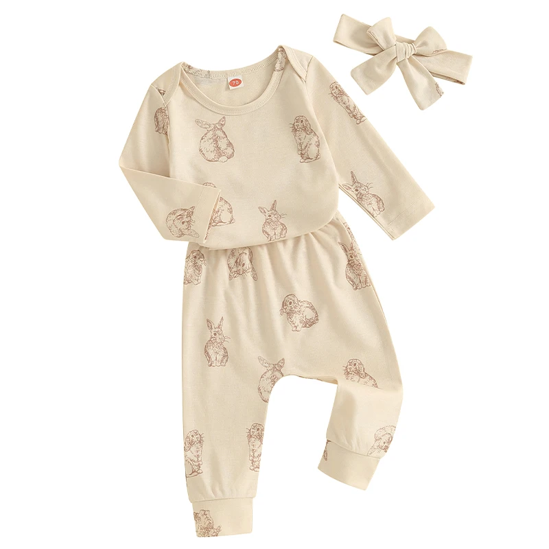 

Wankitoi Newborn Infant Baby Girls Easter Outfit Rabbit Print Long Sleeve Romper Long Pants Headband Bunny Clothes 3PCS Set