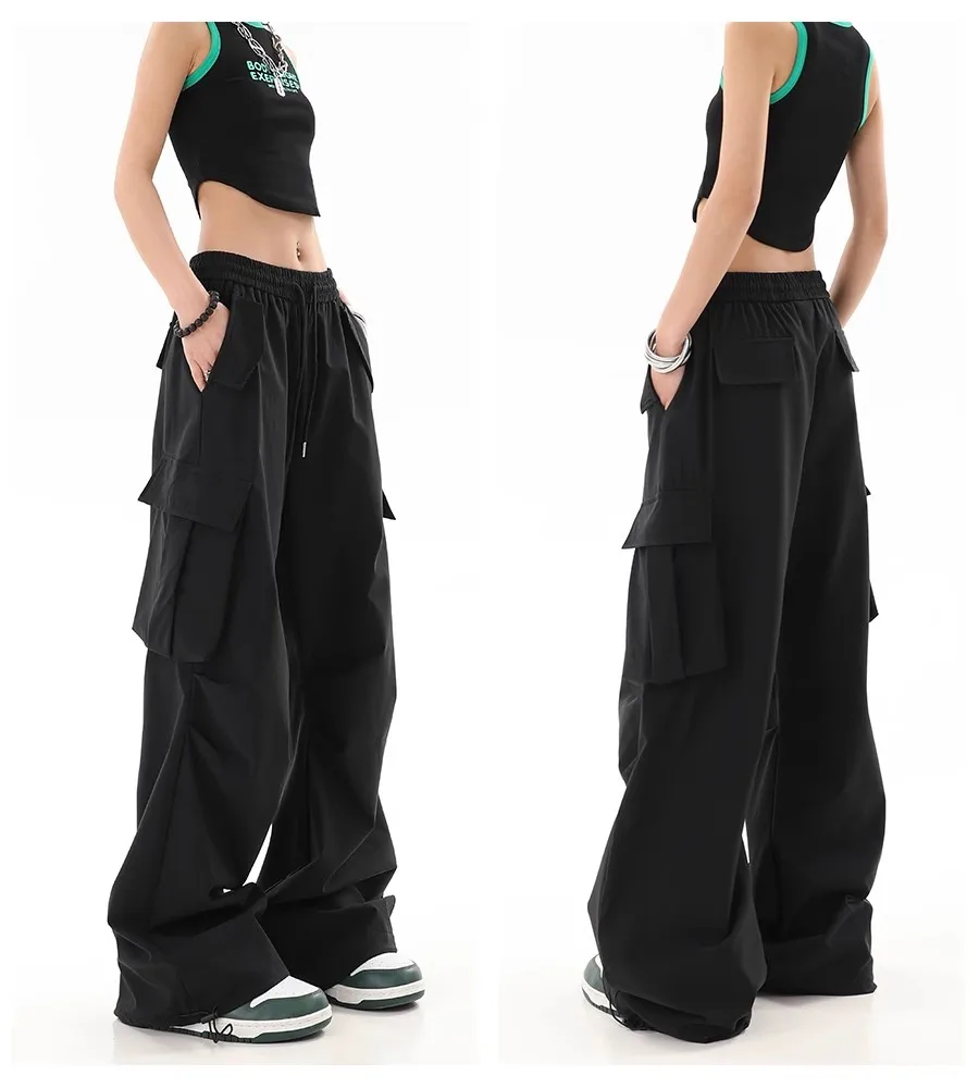 

Plus size Wide leg paratrooper work pants for men and women loose retro casual charging paper bag pants summer thin version