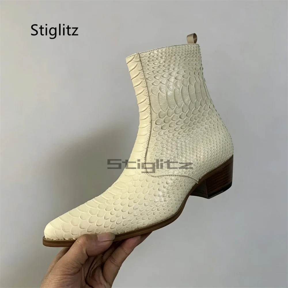 Men's White Snake Embossed Chelsea Boots Pointed Toe Side Zip Genuine Leather Ankle Boots Block Heel Business Dress Shoes