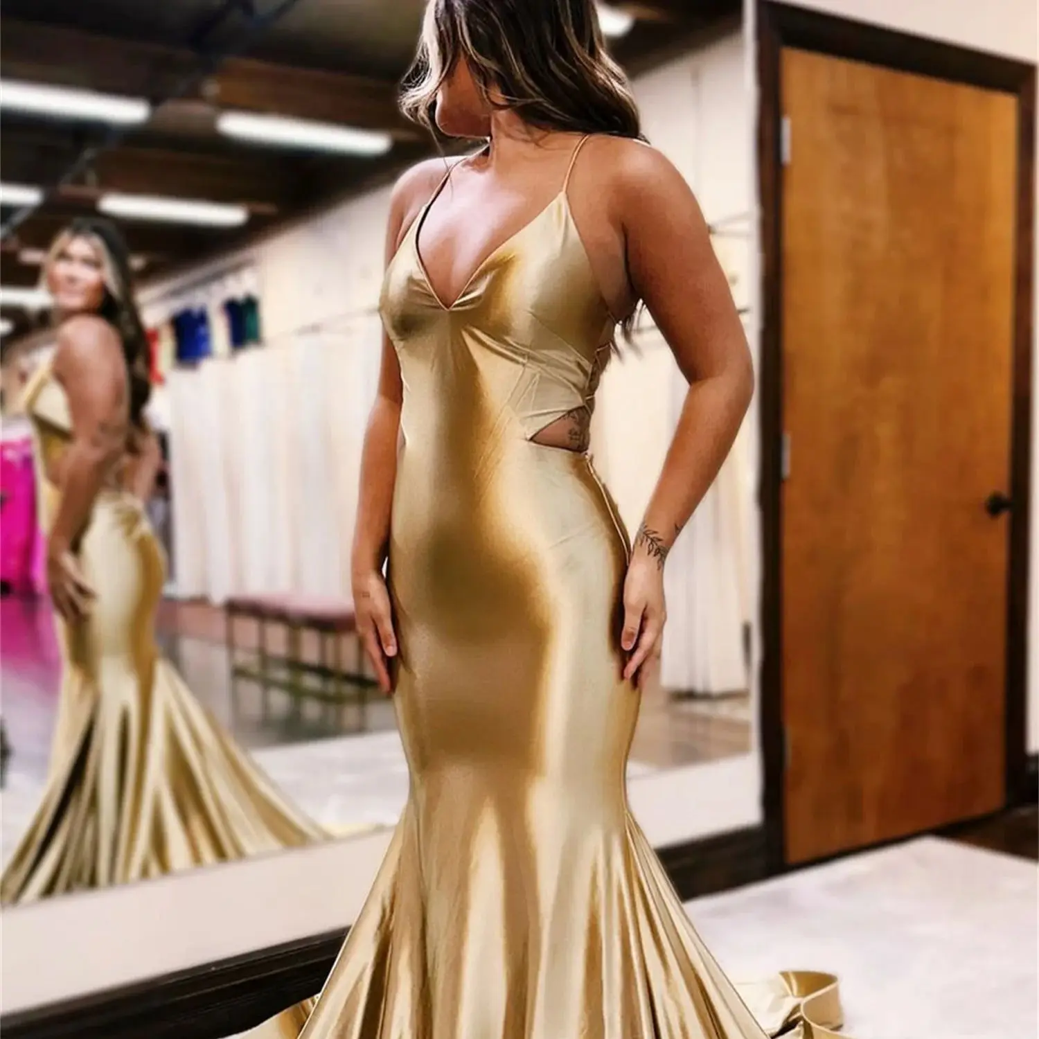 

Aileen Champagne Gold Mermaid Backless Satin Women Evening Dress Quinceanera Dresses 2023 Women's Elegant Party Luxury Gala Prom