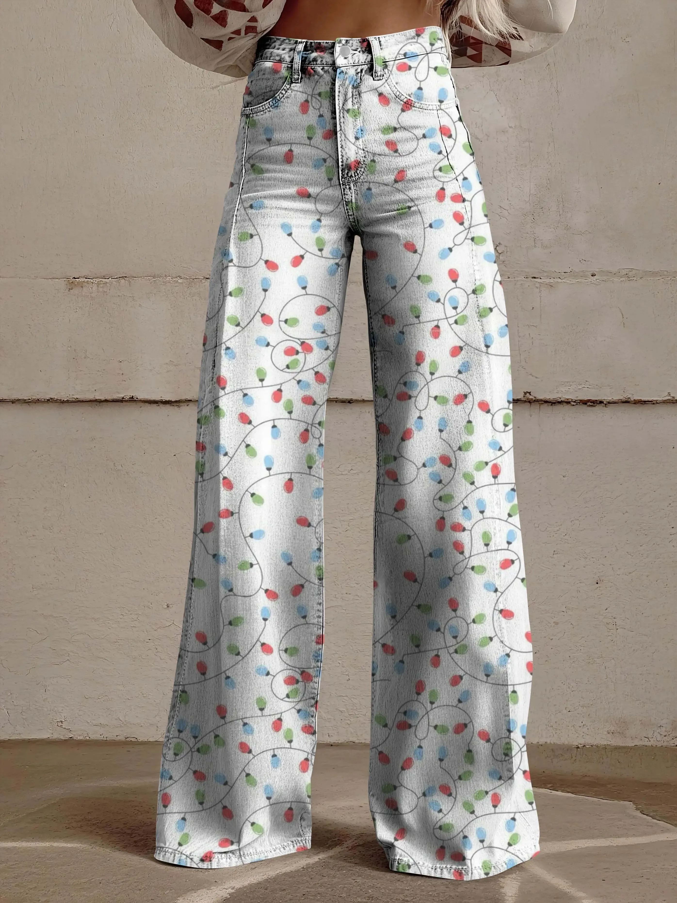 Christmas ladies' new printed retro jeans, imitation denim fabric, casual and fashionable patterns, diverse pants