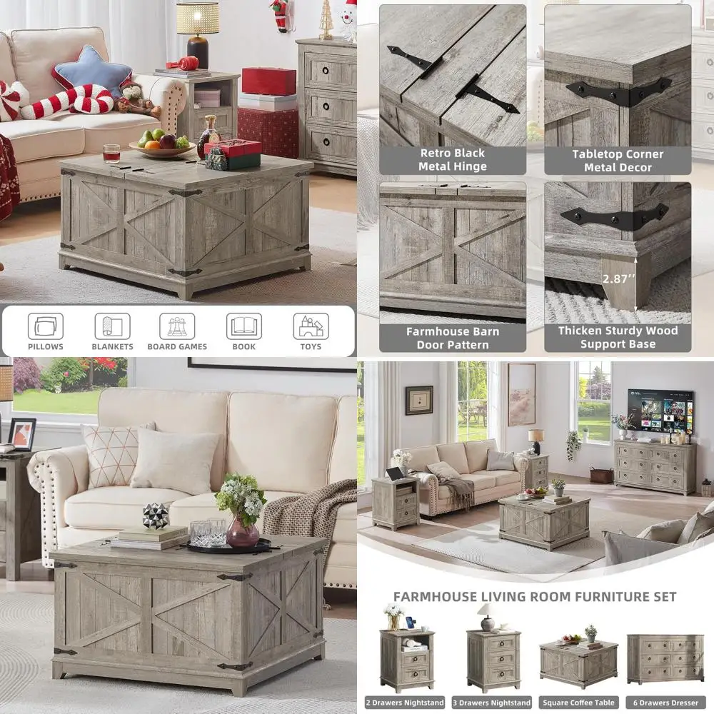 

Rustic Oak Living Room Coffee Table with Lift-Top Storage and Organizer