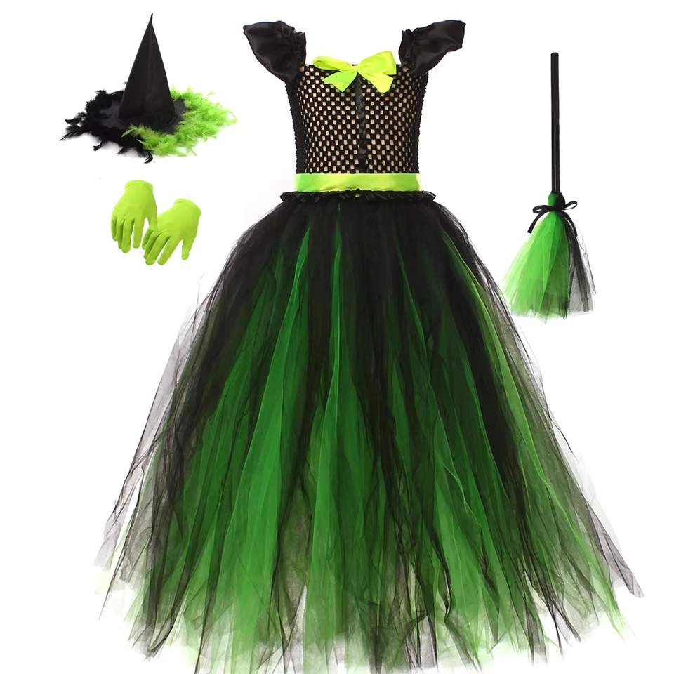 

Girl Witch Costumes Set Bow Long Tulle Dress Witch Hat Broom Prop Green Gloves Halloween Wizard Cosplay Accessories