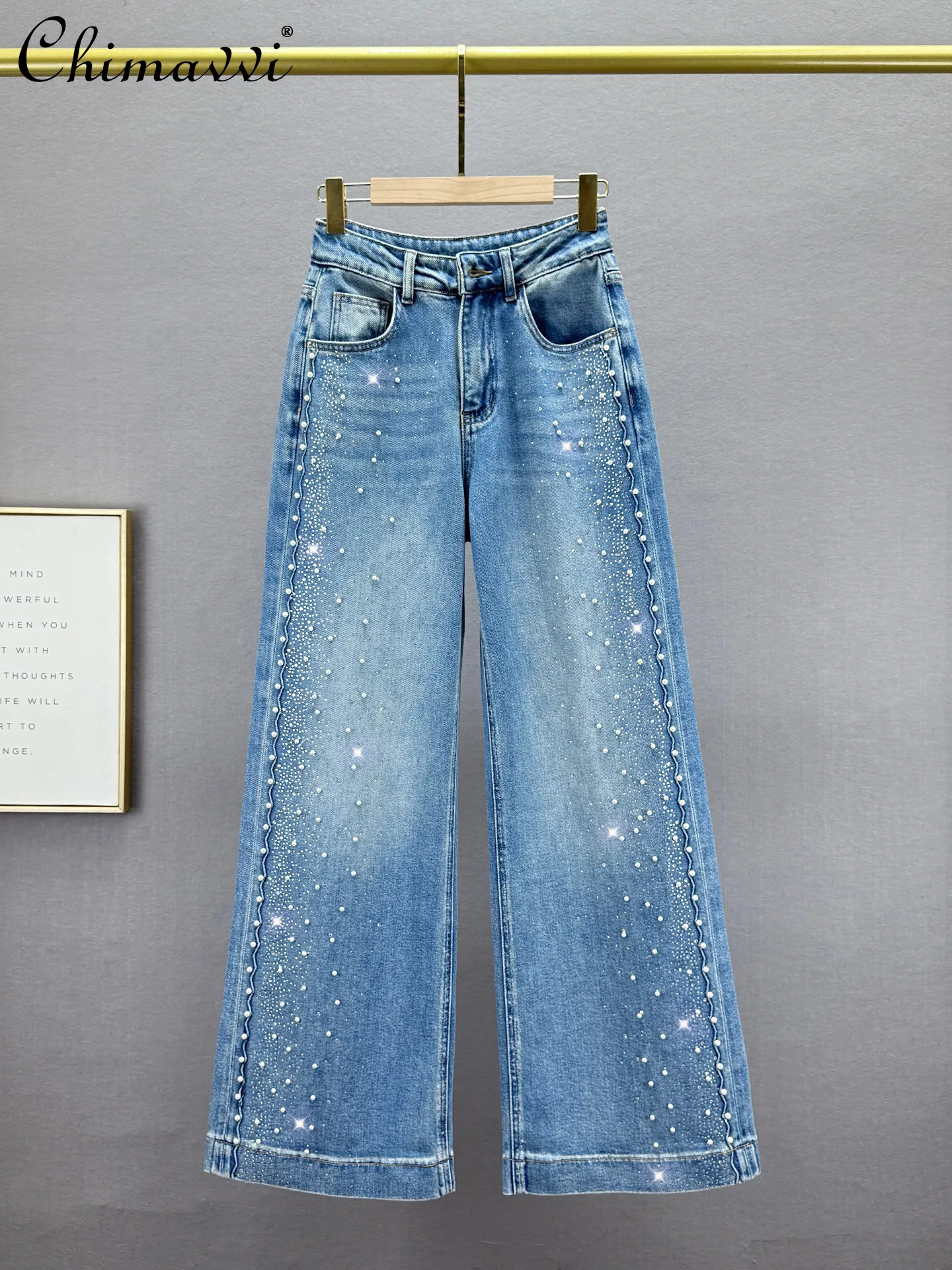 

Heavy Beaded Rhinestone Jeans Women Extended Length 2026 Spring New Fashion High Waist Loose Fit European Style Wide Leg Pants